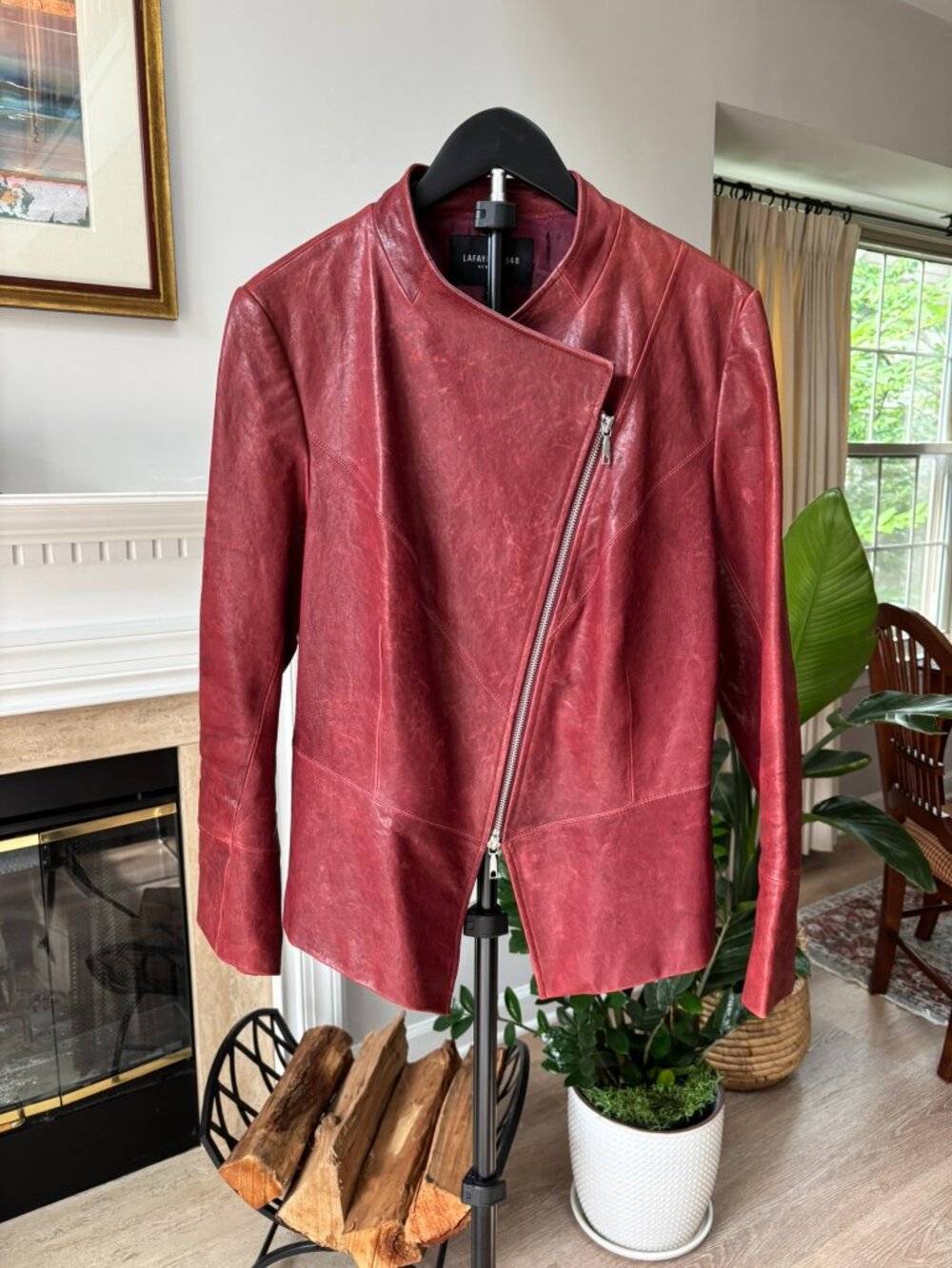 Lafayette 148 New York Red Leather Asymmetric Moto Jacket